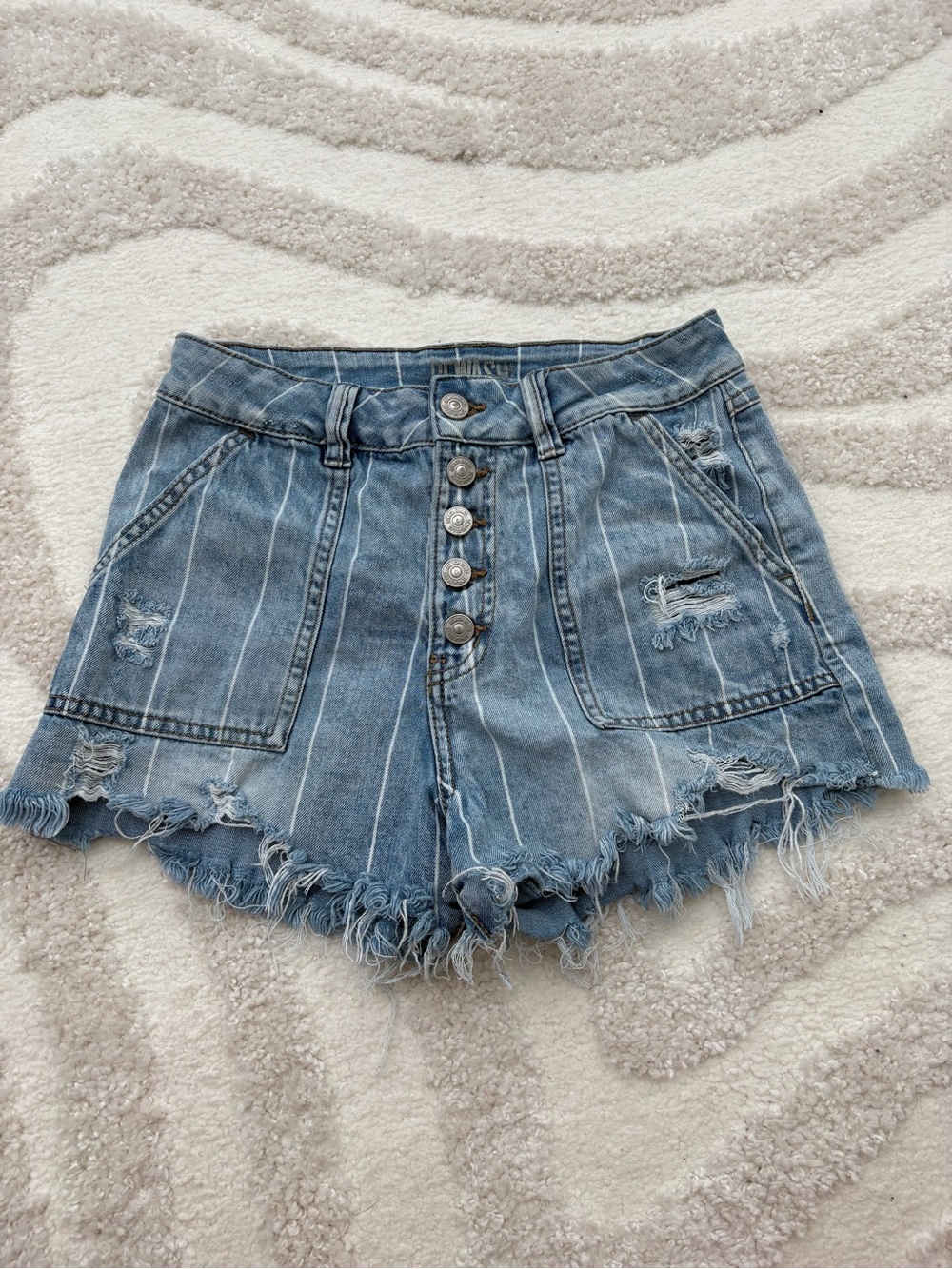 Rewash Light Blue Striped Button-Front Distressed Jean Shorts